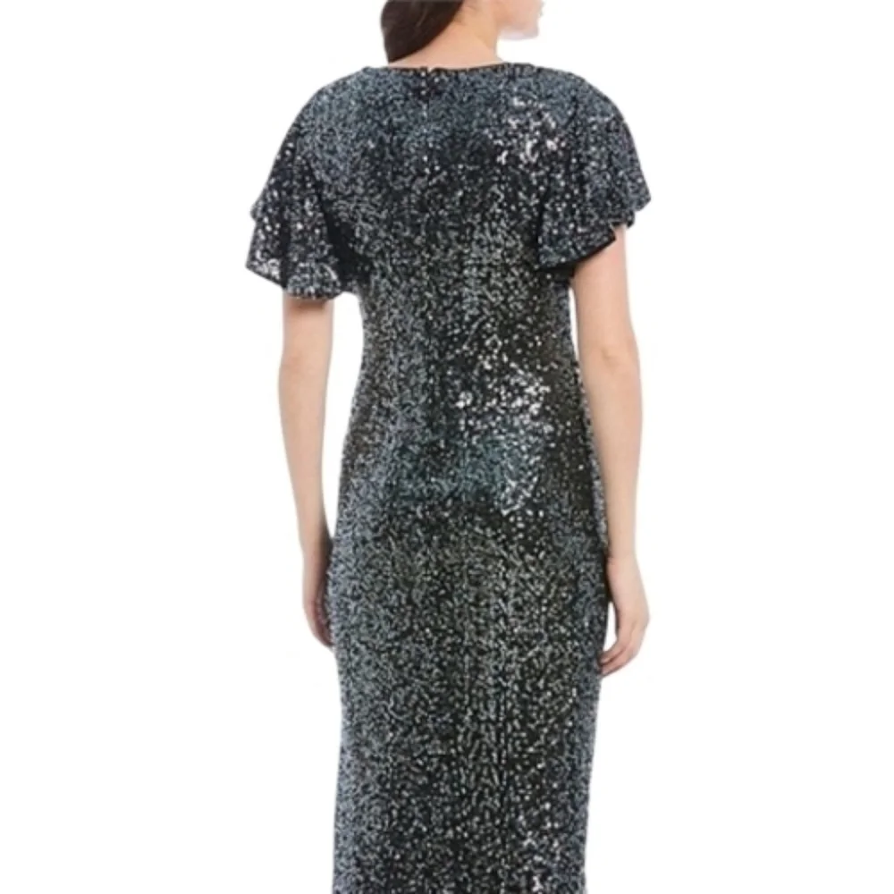 Marina Gunmetal Flutter Sleeve Sequined Formal Evening Dress, 14, Elegant, Party